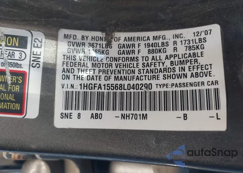 2008 Honda Civic Lx из США, поврежденный, VIN 1HGFA15568L040290